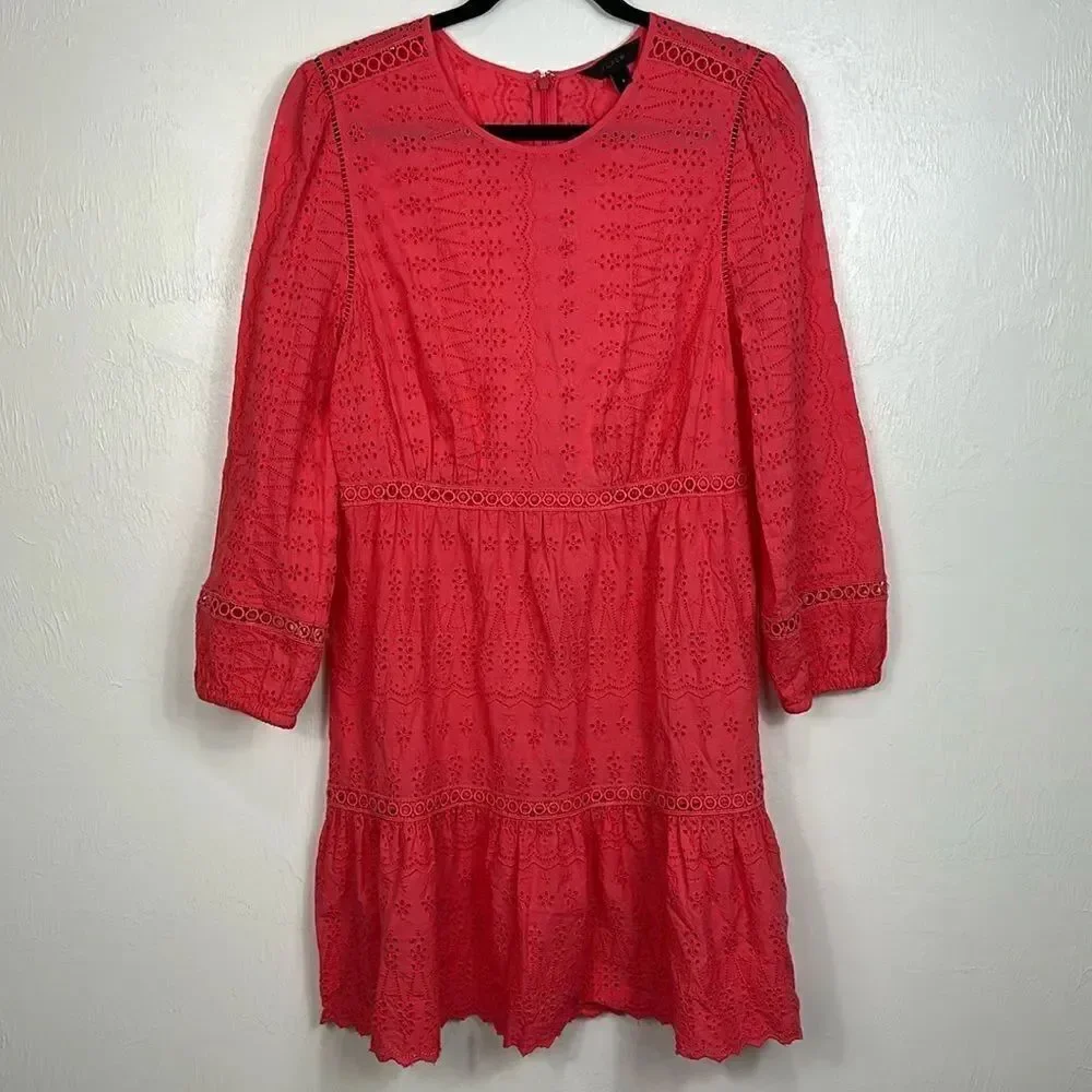J. Crew Eyelet Embroidery Flutter-Hem Dress In Coral Color Size 8